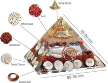 Load image into Gallery viewer, Laxmi Pyramid Original Gomati Chakra, Rudraksha, Cowrie Kodi Maha Laxmi Pyramid - 90mm Large Orgonite Pyramid with Shree Yantra - Pooja Vastu Items for Home for Good Luck, Money &amp; Wealth
