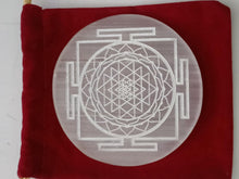 Load image into Gallery viewer, Selenite Plate Engraved Shri Yantra Used for Charging Crystal Cleansing Re-Energy Work, Meditation and Pooja -3 to 4 inch Sri Yantra (Round)
