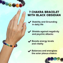 Load image into Gallery viewer, Certified 7 Chakra Crystal Bracelet with Black Obsidian Beads for Men &amp; Women: Reiki Healing
