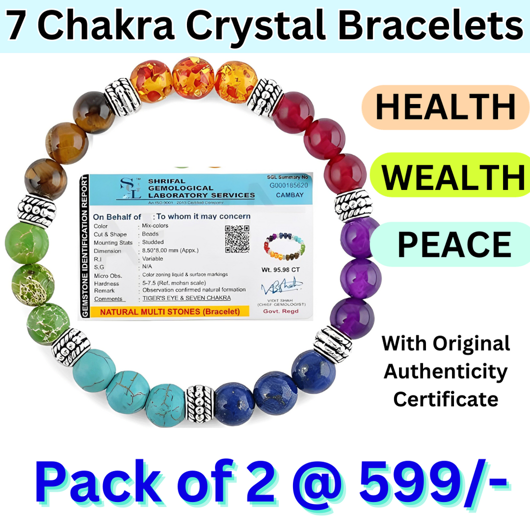 Original 7 Chakra Feng Shui Bracelet Combo with Semi Precious Gemstone Crystals - For Wealth, Health and Prosperity