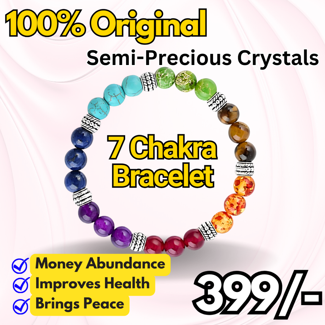 Certified 7 Chakra Reiki Feng Shui Bracelet with Semi Precious Gemstone Beads Crystals for Health, Wealth And Peace