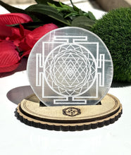 Load image into Gallery viewer, Selenite Plate Engraved Shri Yantra Used for Charging Crystal Cleansing Re-Energy Work, Meditation and Pooja -3 to 4 inch Sri Yantra (Round)
