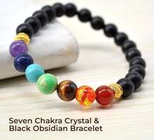 Load image into Gallery viewer, 7 Chakra Crystal &amp; Black Obsidian Beads Bracelet for Men &amp; Women: Purifying &amp; Balancing Purpose
