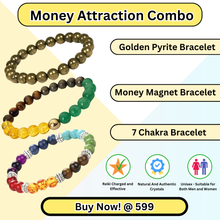 Load image into Gallery viewer, Money Attraction Combo of 3 Natural Crystal Bracelets For Gifting - Pack of 3 - Pyrite Bracelet + Money Magnet + Seven Chakra
