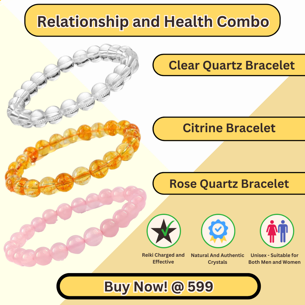 Relationship & Health Combo of 3 Natural Crystal Bracelets For Gifting - Pack of 3 - Clear Quartz + Citrine + Rose Quartz