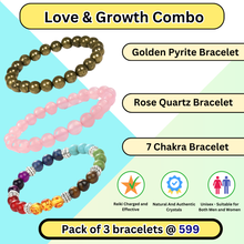 Load image into Gallery viewer, Love &amp; Growth Combo of 3 Natural Crystal Bracelets For Gifting - Pack of 3 - Pyrite Bracelet + Rose Quartz + Seven Chakra
