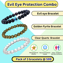 Load image into Gallery viewer, Evil Eye Protection Combo of 3 Natural Crystal Bracelets For Gifting - Pack of 3 - Evil eye + Golden Pyrite + Clear Quartz
