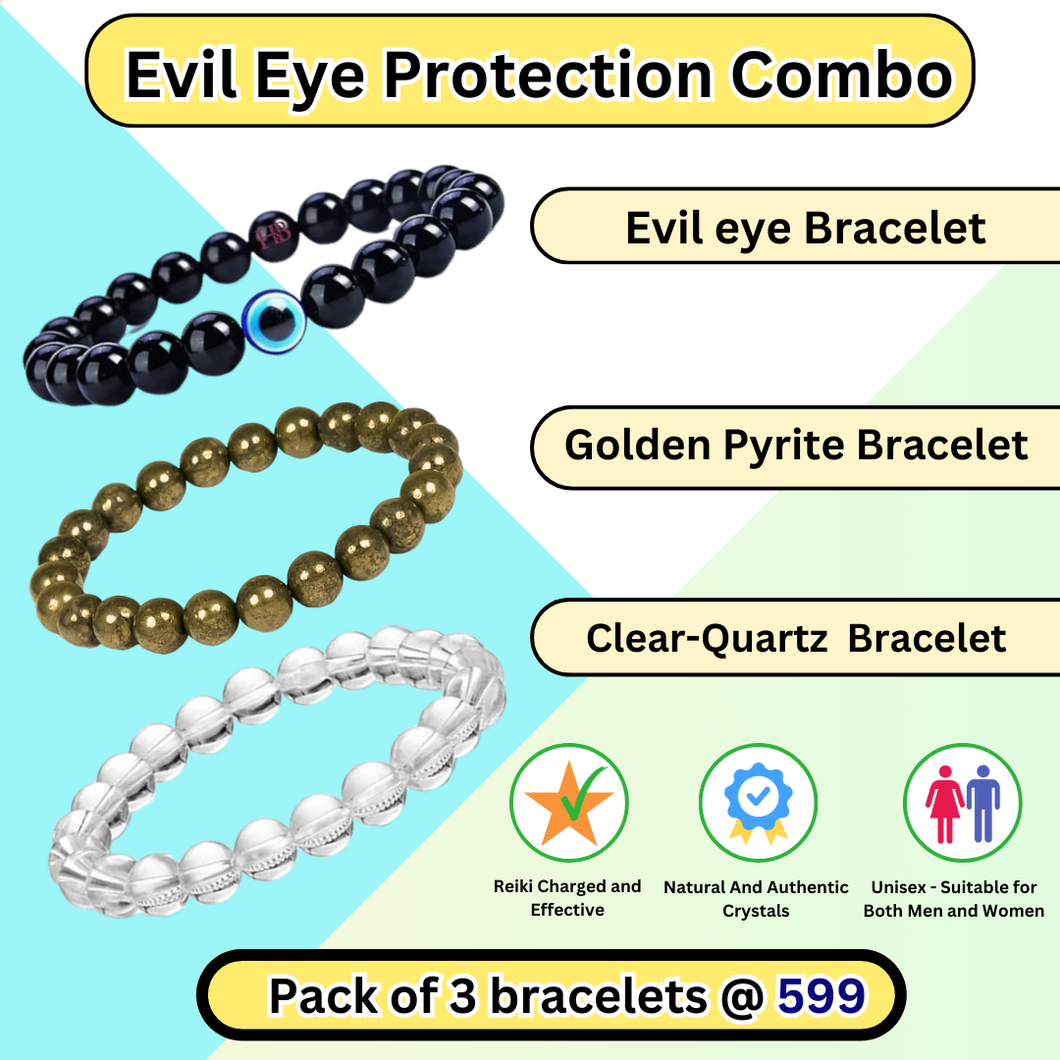 Evil Eye Protection Combo of 3 Natural Crystal Bracelets For Gifting - Pack of 3 - Evil eye + Golden Pyrite + Clear Quartz