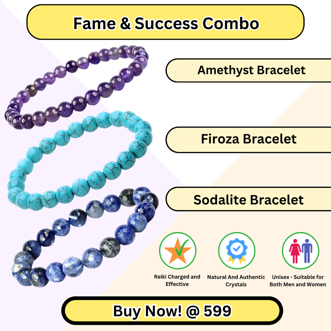 Fame & Success Combo of 3 Natural Crystal Bracelets For Gifting - Pack of 3 - Amethyst + Firoza + Sodalite