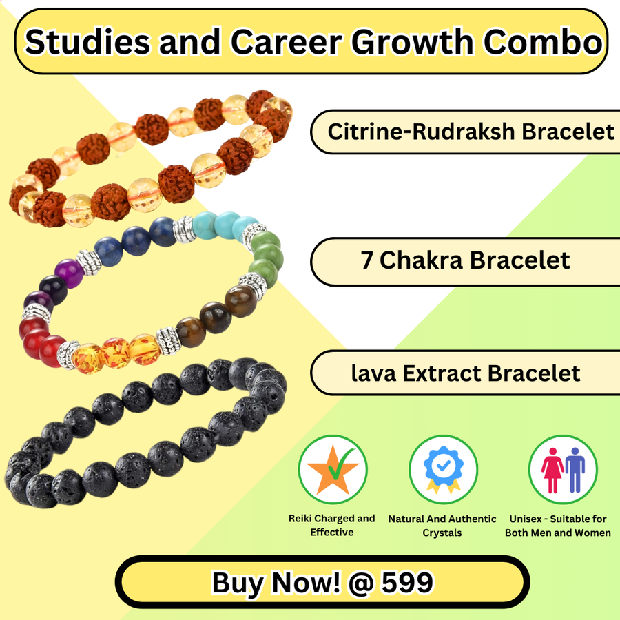 Studies and Career Growth Combo of 3 Natural Crystal Bracelets For Gifting - Pack of 3 - Citrine Rudraksha + Seven Chakra+ Lava Bracelet