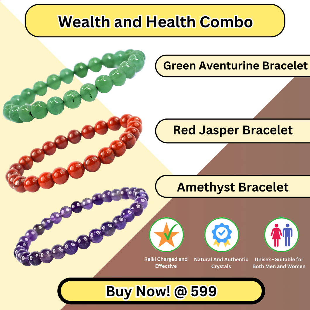 Wealth & Health Combo of 3 Natural Crystal Bracelets For Gifting - Pack of 3 - Green Aventurine + Red Jasper + Amethyst