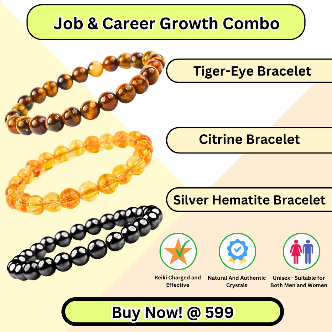 Job & Career Growth Combo Combo of 3 Natural Crystal Bracelets For Gifting - Pack of 3 - Tiger Eye+ Citrine + Silver Hematite