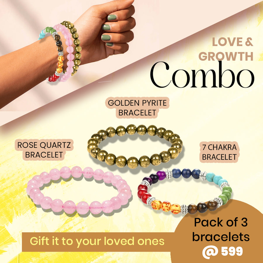 Love & Growth Combo of 3 Natural Crystal Bracelets For Gifting - Pack of 3 - Pyrite Bracelet + Rose Quartz + Seven Chakra