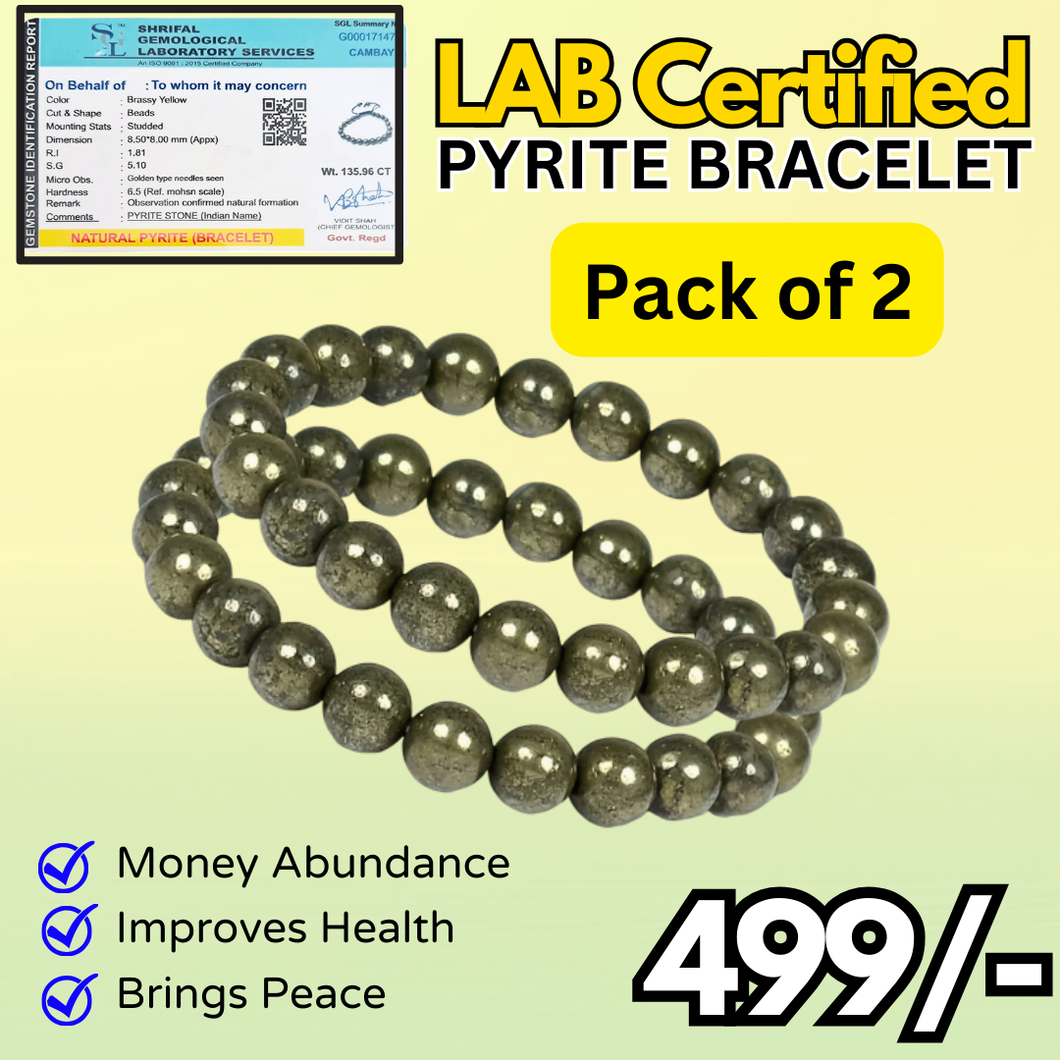 Certified Pyrite Bracelets(Pack of 2) Reiki Healing Crystal Stone 8 Mm Bracelet, Charged By Reiki Grandmaster & Vastu Expert For Unisex Adult