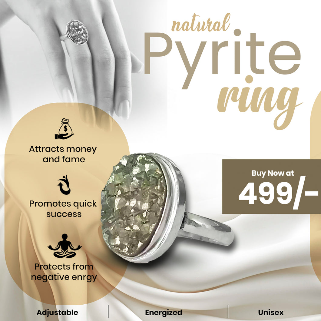 Natural Adjustable Pyrite Ring - Charged by Reiki Ring for Women and Men for Wealth, Abundance and Success