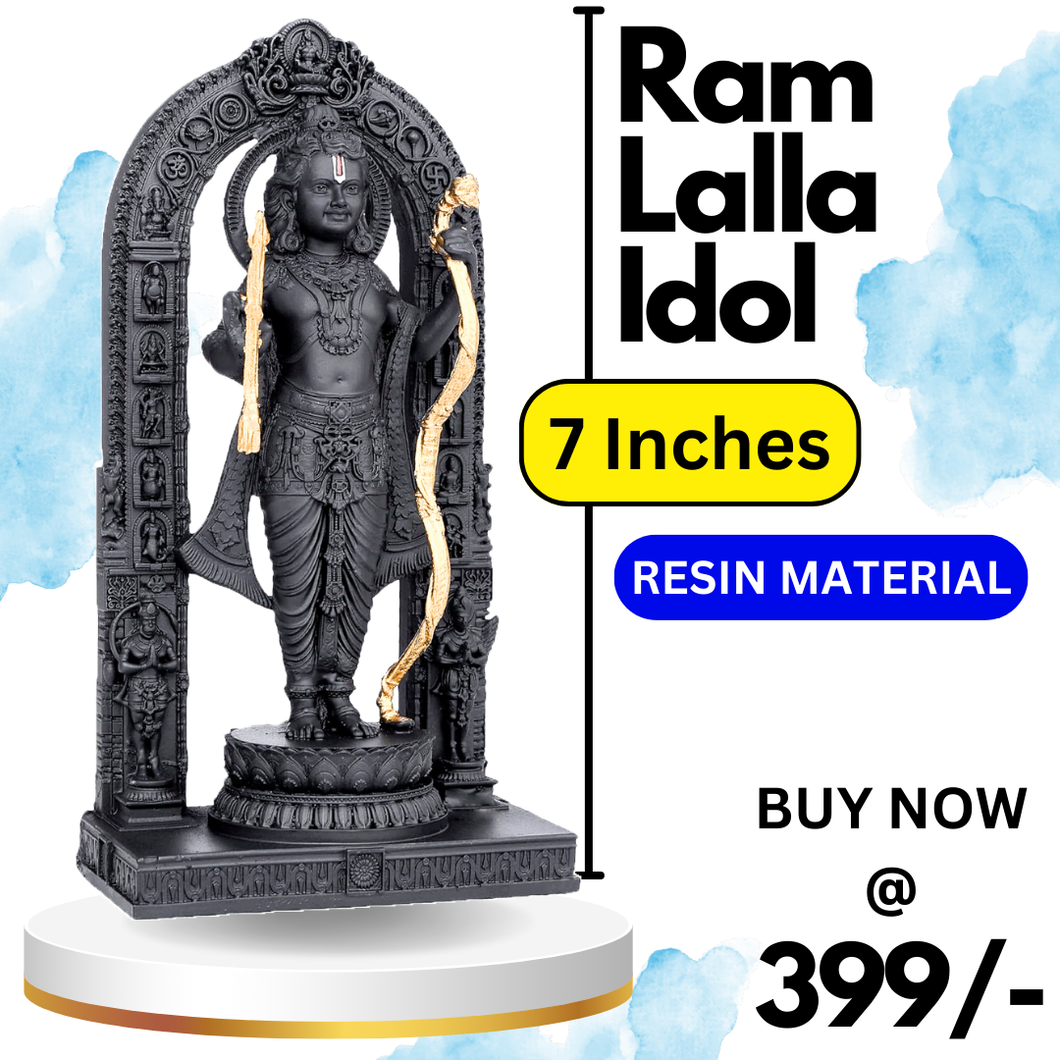 Ramlalla Temple Idol for Pooja Black & Golden for Gift Office Temple High Quality Resin Statue (7 inch) - Black