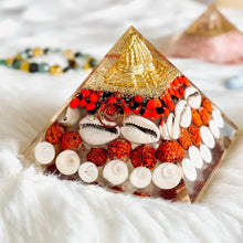 Load image into Gallery viewer, Laxmi Pyramid Original Gomati Chakra, Rudraksha, Cowrie Kodi Maha Laxmi Pyramid - 90mm Large Orgonite Pyramid with Shree Yantra - Pooja Vastu Items for Home for Good Luck, Money &amp; Wealth
