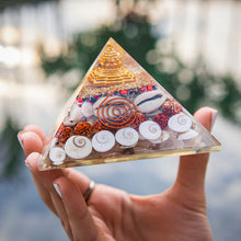 Load image into Gallery viewer, Laxmi Pyramid Original Gomati Chakra, Rudraksha, Cowrie Kodi Maha Laxmi Pyramid - 90mm Large Orgonite Pyramid with Shree Yantra - Pooja Vastu Items for Home for Good Luck, Money &amp; Wealth
