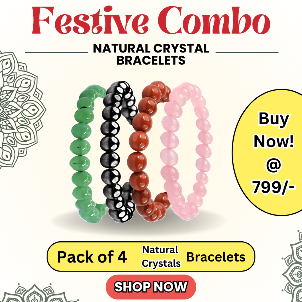 Exclusive Plus Combo of 4 Natural Crystal Bracelets For Gifting - Pack of 4 - Green Aventurine , Silver Hematite , Red Jasper  and Rose Quartz