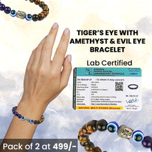 Load image into Gallery viewer, Round Beaded Tiger Eye With Amethyst &amp; Evil Eye Stone Bracelet | Reiki Healing for Men Women &amp; Kids
