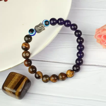 Load image into Gallery viewer, Certified Tiger Eye with Amethyst &amp; Evil Eye Stone Bracelet: A Symbol of Strength, Balance &amp; Positivity  for Unisex
