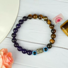 Load image into Gallery viewer, Certified Tiger Eye with Amethyst &amp; Evil Eye Stone Bracelet: A Symbol of Strength, Balance &amp; Positivity  for Unisex
