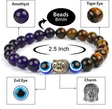 Load image into Gallery viewer, Certified Tiger Eye with Amethyst &amp; Evil Eye Stone Bracelet: A Symbol of Strength, Balance &amp; Positivity  for Unisex
