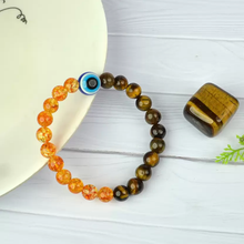 Load image into Gallery viewer, Tiger Eye with Citrine &amp; Evil Eye Round Bead Bracelet : A Bracelet for Protection, Positivity &amp; Success for both Men &amp; Women
