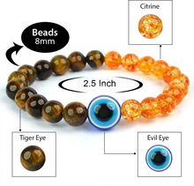 Load image into Gallery viewer, Tiger Eye with Citrine &amp; Evil Eye Round Bead Bracelet : A Bracelet for Protection, Positivity &amp; Success for both Men &amp; Women
