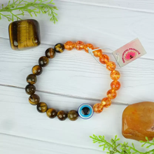 Load image into Gallery viewer, Tiger Eye with Citrine &amp; Evil Eye Round Bead Bracelet : A Bracelet for Protection, Positivity &amp; Success for both Men &amp; Women
