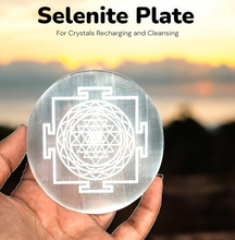 Load image into Gallery viewer, Selenite Plate Engraved Shri Yantra Used for Charging Crystal Cleansing Re-Energy Work, Meditation and Pooja -3 to 4 inch Sri Yantra (Round)
