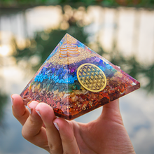 Load image into Gallery viewer, Seven Chakra Orgone Pyramid 3 inches in Transparent High Quality Resin
