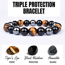 Load image into Gallery viewer, Activated Natural Black Obsidian, Hematite &amp; Tiger Eye Stone Combination Bracelet A triple Protection Bracelet | For Negativity Evil Eye Spirit Protection | Best Protection Stones
